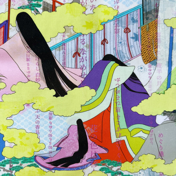 Close up of The Tale of Genji cotton fabric by Nora featuring finely detailed illustrations of women with long black hair wearing traditional kimono in a colorful Japanese-inspired print, imported from Japan