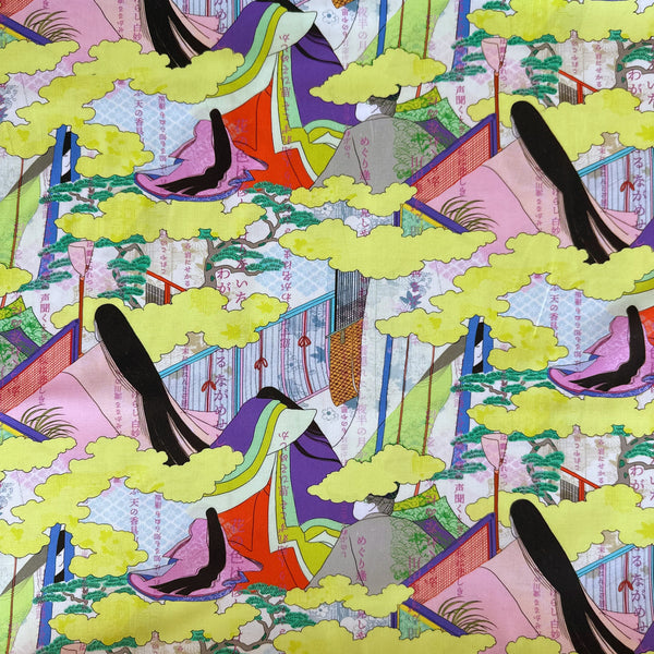 The Tale of Genji cotton fabric by Nora featuring finely detailed illustrations of women with long black hair wearing traditional kimono in a colorful Japanese-inspired print, imported from Japan