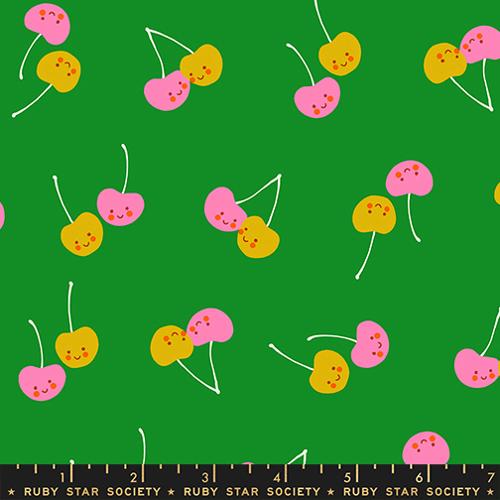 Scale of Trinketry Cherry Friends Fabric in Deep Verdant by Melody Miller for Ruby Star Society – cotton print featuring retro cherry designs