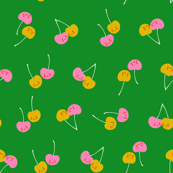 Trinketry Cherry Friends Fabric in Deep Verdant by Melody Miller for Ruby Star Society – cotton print featuring retro cherry designs