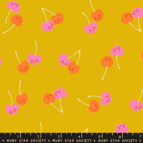 Scale of Trinketry Cherry Friends Fabric in Goldenrod by Melody Miller for Ruby Star Society – cotton print featuring retro cherry designs