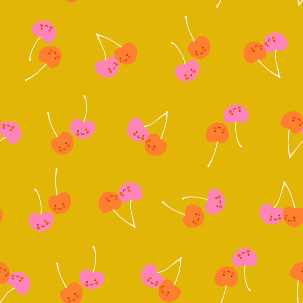 Trinketry Cherry Friends Fabric in Goldenrod by Melody Miller for Ruby Star Society – cotton print featuring retro cherry designs