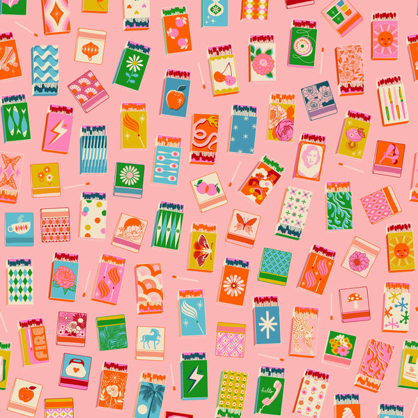 Trinketry Matchmaker Fabric in Balmy by Melody Miller for Ruby Star Society – vibrant cotton print featuring retro matchbook designs