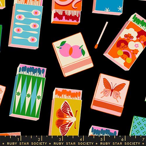 Scale of Trinketry Matchmaker Fabric in Black by Melody Miller for Ruby Star Society – vibrant cotton print featuring retro matchbook designs