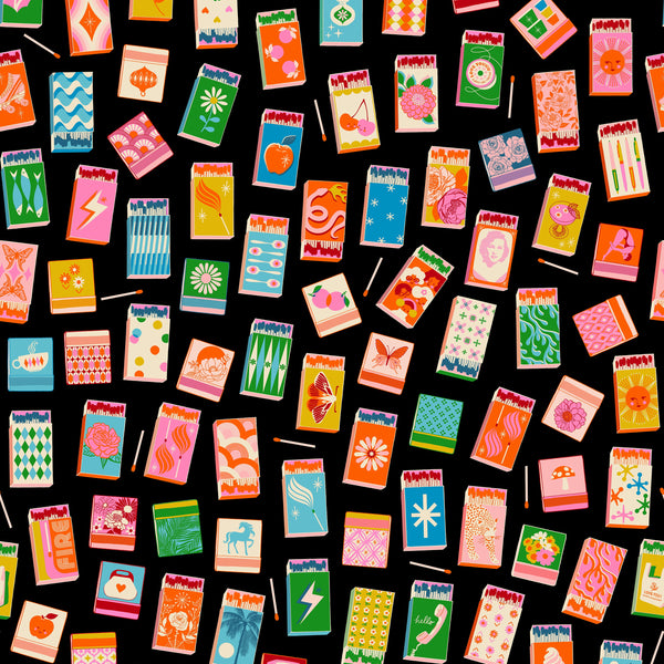 Trinketry Matchmaker Fabric in Black by Melody Miller for Ruby Star Society – vibrant cotton print featuring retro matchbook designs