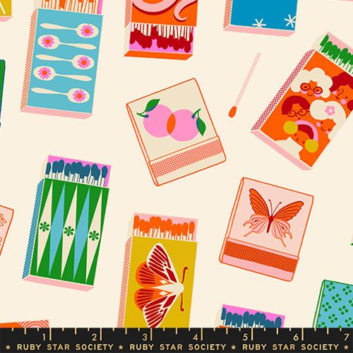 Close up of Trinketry Matchmaker Fabric in Natural with Neon by Melody Miller for Ruby Star Society – vibrant cotton print featuring retro matchbook designs