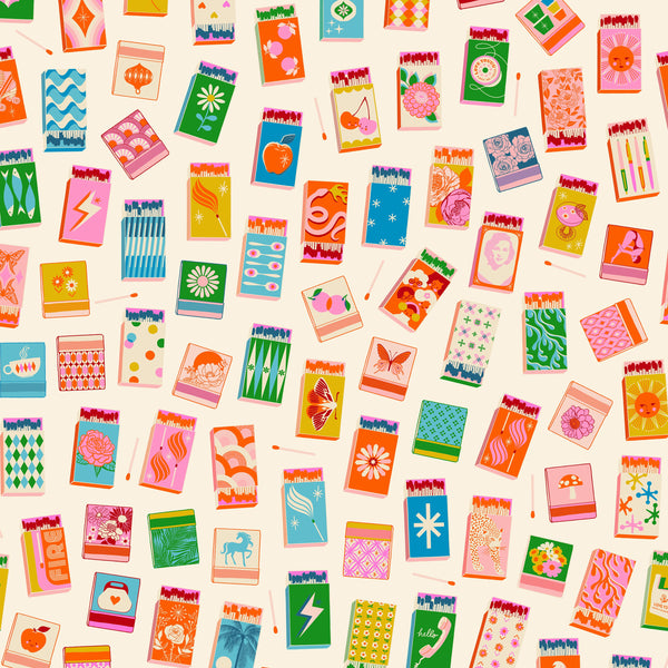 Trinketry Matchmaker Fabric in Natural with Neon by Melody Miller for Ruby Star Society – vibrant cotton print featuring retro matchbook designs