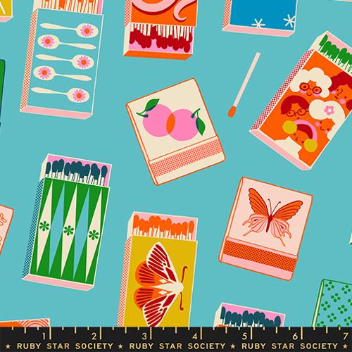 Scale of Trinketry Matchmaker Fabric in Turquoise by Melody Miller for Ruby Star Society – vibrant cotton print featuring retro matchbook designs