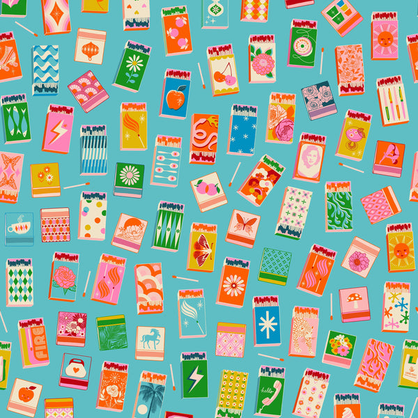 Trinketry Matchmaker Fabric in Turquoise by Melody Miller for Ruby Star Society – vibrant cotton print featuring retro matchbook designs