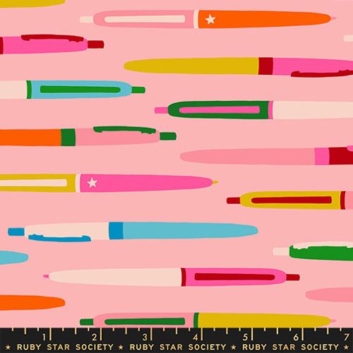 Scale of Trinketry Pens Fabric in Balmy by Melody Miller for Ruby Star Society – cotton print featuring retro pen designs