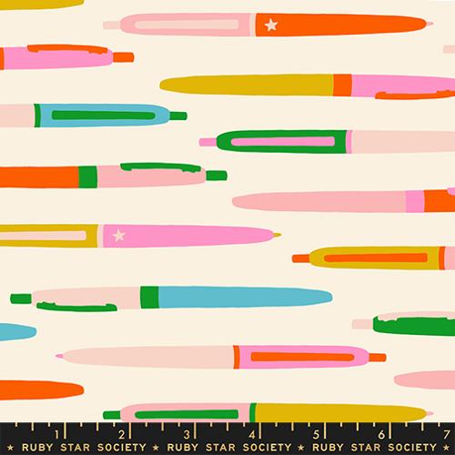 Scale of Trinketry Pens Fabric in Natural by Melody Miller for Ruby Star Society – cotton print featuring retro pen designs