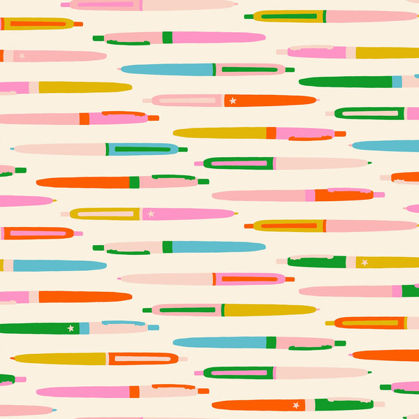 Trinketry Pens Fabric in Natural by Melody Miller for Ruby Star Society – cotton print featuring retro pen designs