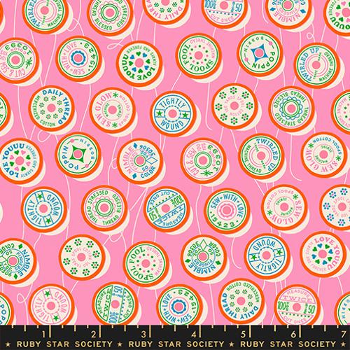 Scale of Trinketry Spools Fabric in Flamingo by Melody Miller for Ruby Star Society – cotton print featuring retro spool designs