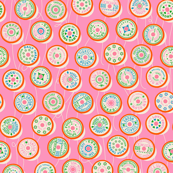Trinketry Spools Fabric in Flamingo by Melody Miller for Ruby Star Society – cotton print featuring retro spool designs