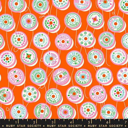Scale of Trinketry Spools Fabric in Goldfish by Melody Miller for Ruby Star Society – cotton print featuring retro spool designs