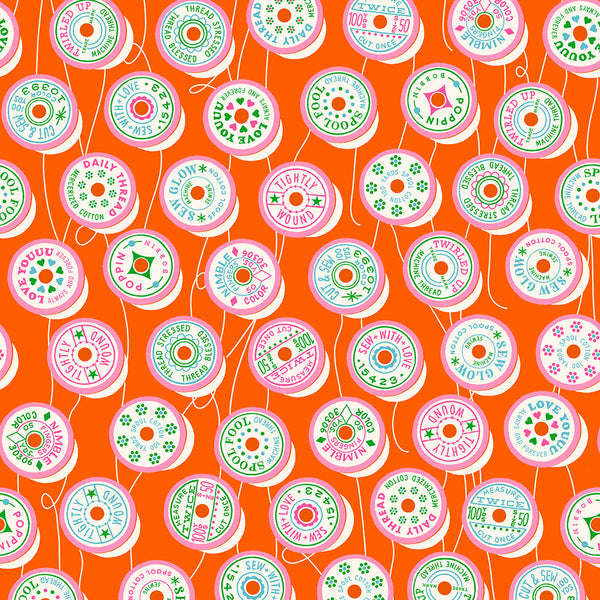 Trinketry Spools Fabric in Goldfish by Melody Miller for Ruby Star Society – cotton print featuring retro spool designs