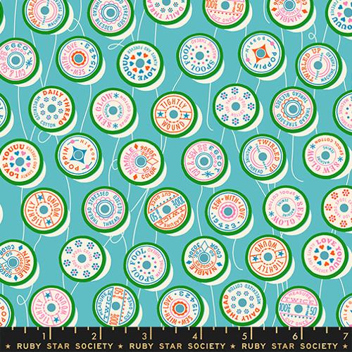 Scale of Trinketry Spools Fabric in Turquoise by Melody Miller for Ruby Star Society – cotton print featuring retro spool designs