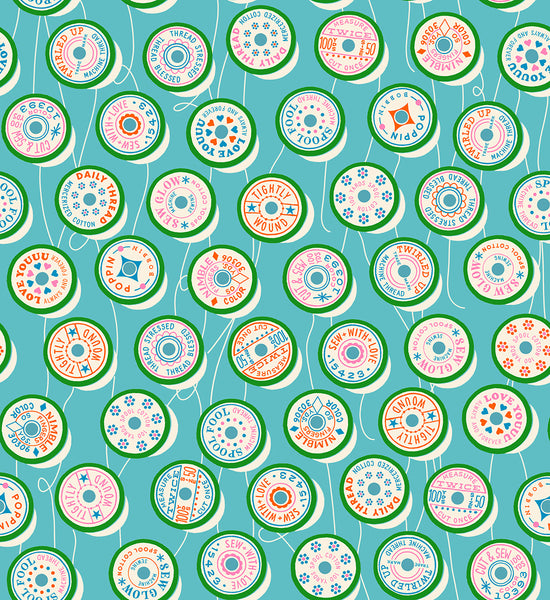 Trinketry Spools Fabric in Turquoise by Melody Miller for Ruby Star Society – cotton print featuring retro spool designs