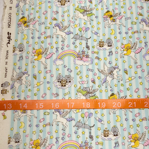 Scale of Unicorn Cats cotton linen blend canvas fabric in light aqua by Cotton Kobayashi featuring whimsical cat and unicorn illustrations