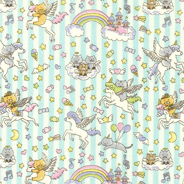 Stock photo of Unicorn Cats cotton linen blend canvas fabric in light aqua by Cotton Kobayashi featuring whimsical cat and unicorn illustrations