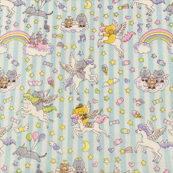 Unicorn Cats cotton linen blend canvas fabric in light aqua by Cotton Kobayashi featuring whimsical cat and unicorn illustrations