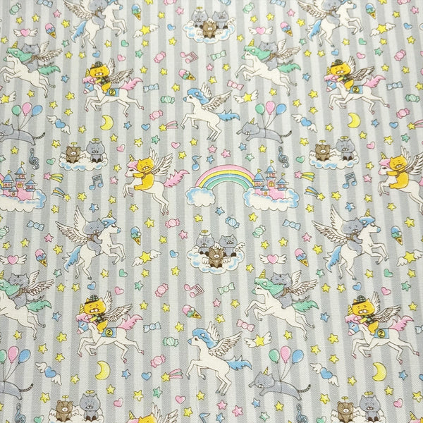 Unicorn Cats cotton linen blend canvas fabric in light gray by Cotton Kobayashi featuring whimsical cat and unicorn illustrations
