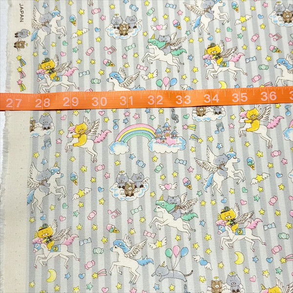 Scale of Unicorn Cats cotton linen blend canvas fabric in light gray by Cotton Kobayashi featuring whimsical cat and unicorn illustrations