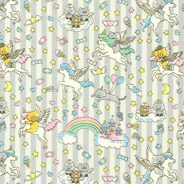 Stock photo of Unicorn Cats cotton linen blend canvas fabric in light gray by Cotton Kobayashi featuring whimsical cat and unicorn illustrations
