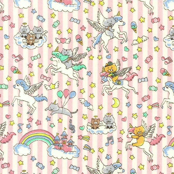 Unicorn Cats cotton linen blend canvas fabric in light pink by Cotton Kobayashi featuring whimsical cat and unicorn illustrations