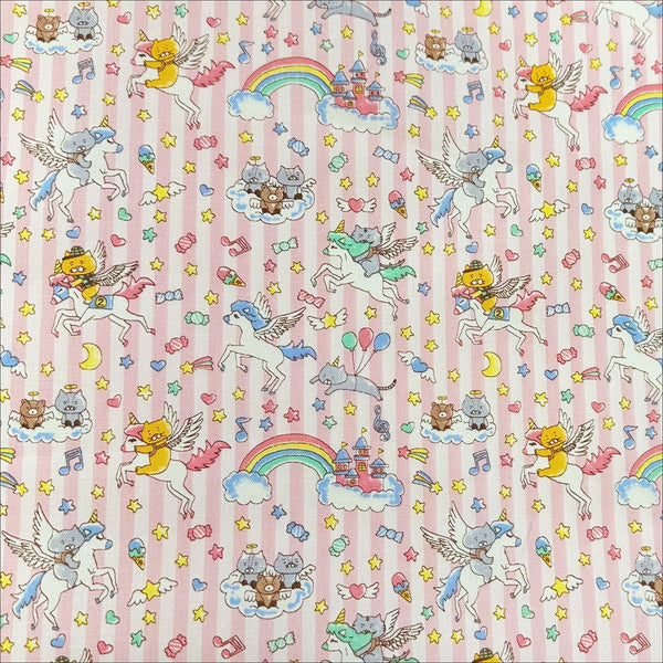 Unicorn Cats cotton linen blend canvas fabric in light pink by Cotton Kobayashi featuring whimsical cat and unicorn illustrations