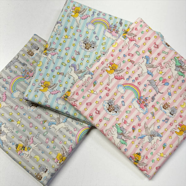 Colors of Unicorn Cats cotton linen blend canvas fabric in light pink by Cotton Kobayashi featuring whimsical cat and unicorn illustrations