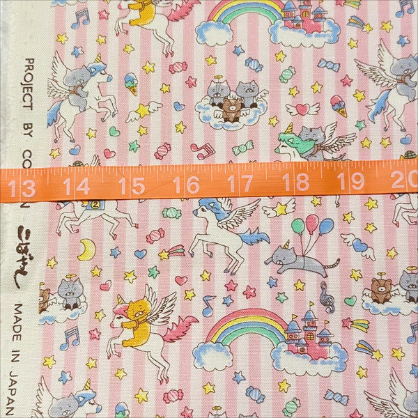 Scale of Unicorn Cats cotton linen blend canvas fabric in light pink by Cotton Kobayashi featuring whimsical cat and unicorn illustrations