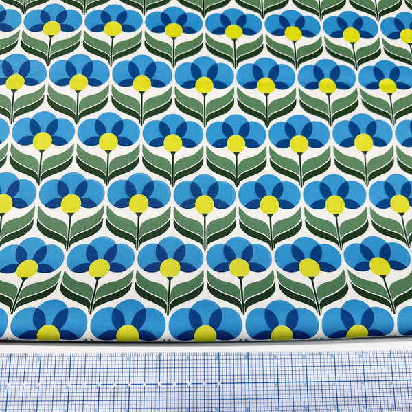 Nordic Flower Floral Print Cotton Oxford Fabric, Imported from Japan Retro Mod Blue