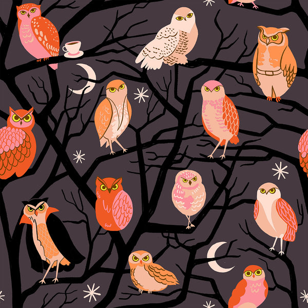 Who Cooks For You cotton fabric by Ruby Star Society featuring owls perched in trees on an eggplant background.