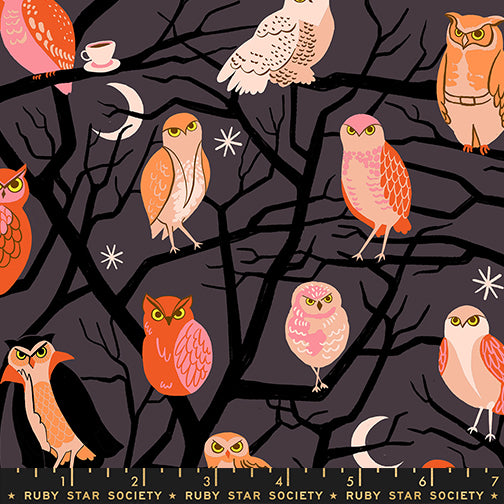Who Cooks For You cotton fabric by Ruby Star Society featuring owls perched in trees on an eggplant background.