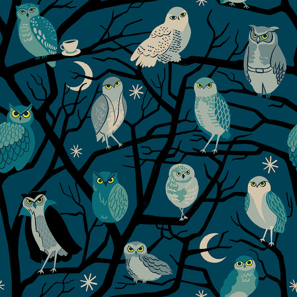 Who Cooks For You cotton fabric by Ruby Star Society featuring owls perched in trees on a teal background.