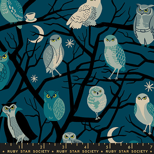 Scale of Who Cooks For You cotton fabric by Ruby Star Society featuring owls perched in trees on a teal background.