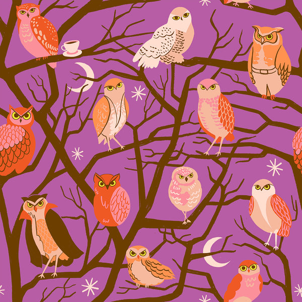 Who Cooks For You cotton fabric by Ruby Star Society featuring owls perched in trees on an orchid background.