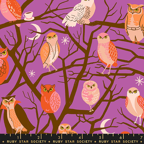 Scale of Who Cooks For You cotton fabric by Ruby Star Society featuring owls perched in trees on an orchid background.