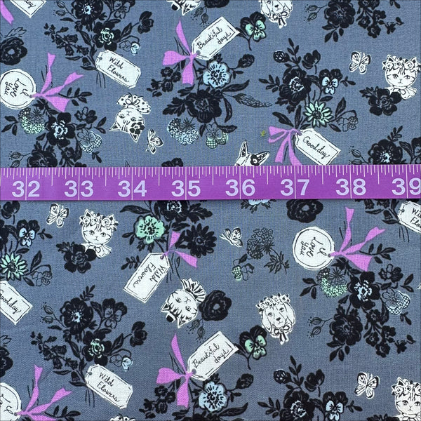 Scale of Wild Flower Bouquet cotton fabric in Charcoal by Sobakasu Kids for Yuwa Fabrics featuring a detailed floral bouquet print