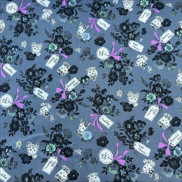 Wild Flower Bouquet cotton fabric in Charcoal by Sobakasu Kids for Yuwa Fabrics featuring a detailed floral bouquet print