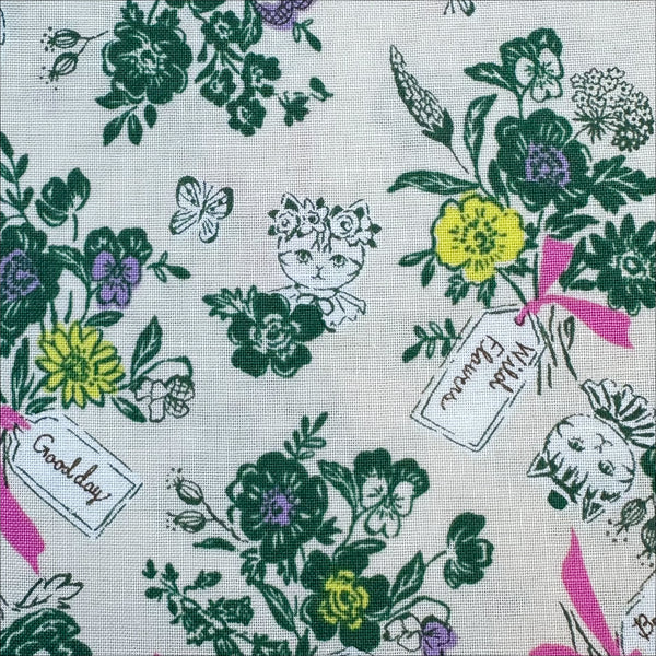 Close up of Wild Flower Bouquet cotton fabric in Cream by Sobakasu Kids for Yuwa Fabrics featuring a detailed floral bouquet print