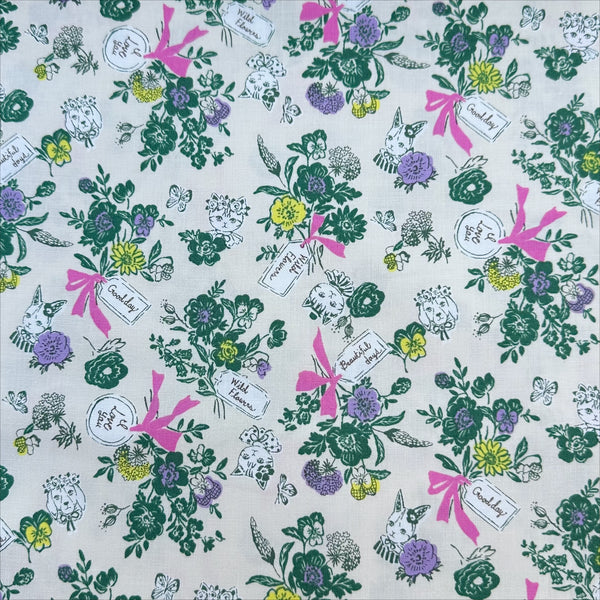 Wild Flower Bouquet cotton fabric in Cream by Sobakasu Kids for Yuwa Fabrics featuring a detailed floral bouquet print