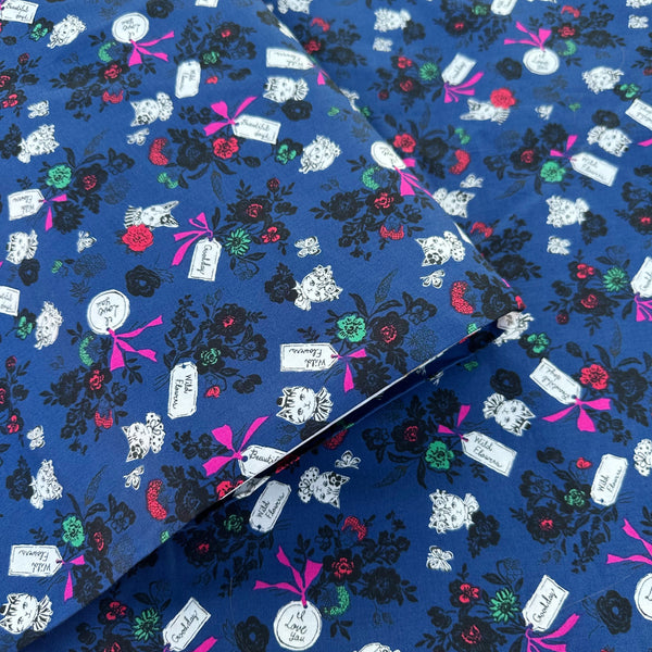 Bolt of Wild Flower Bouquet cotton fabric in Navy by Sobakasu Kids for Yuwa Fabrics featuring a detailed floral bouquet print