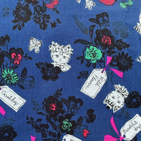 Wild Flower Bouquet cotton fabric in Navy by Sobakasu Kids for Yuwa Fabrics featuring a detailed floral bouquet print
