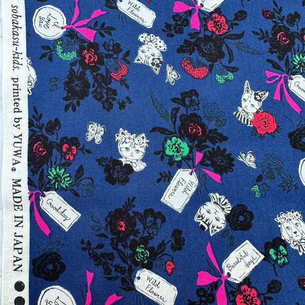 Selvage of Wild Flower Bouquet cotton fabric in Navy by Sobakasu Kids for Yuwa Fabrics featuring a detailed floral bouquet print