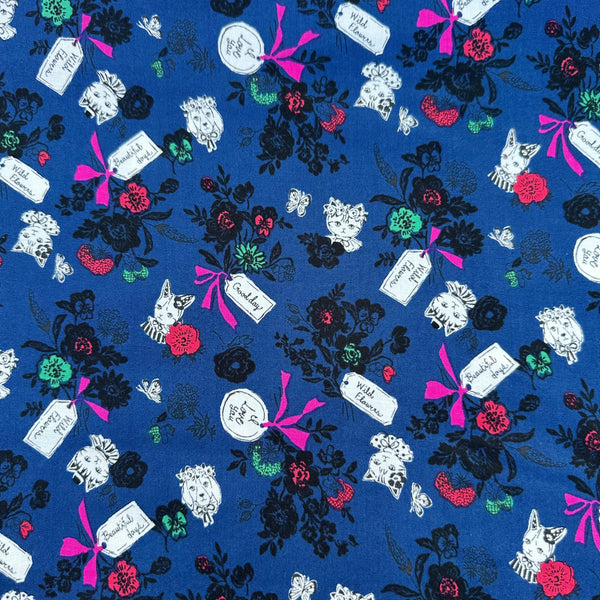 Wild Flower Bouquet cotton fabric in Navy by Sobakasu Kids for Yuwa Fabrics featuring a detailed floral bouquet print