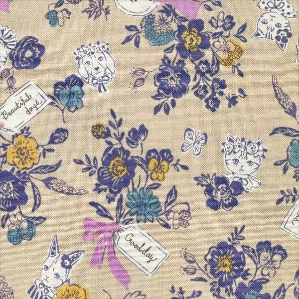 Close up of Wild Flower Bouquet cotton fabric in tan by Sobakasu Kids for Yuwa Fabrics