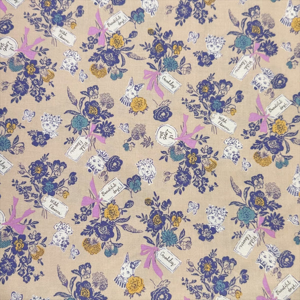 Wild Flower Bouquet cotton fabric in tan by Sobakasu Kids for Yuwa Fabrics