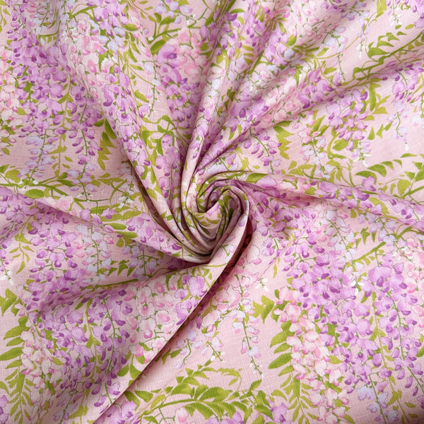 Drape of Wisteria Cotton Dobby Fabric by Cotton Kobayashi, style KTS7191-B, featuring wisteria blossoms, in pink, imported from Japan